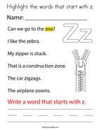 Highlight the words that start with z Coloring Page