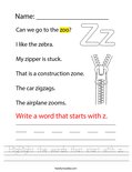 Highlight the words that start with z. Worksheet