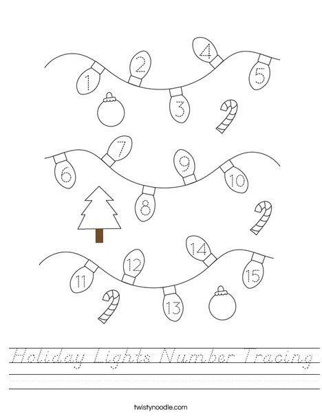 Holiday Lights Number Tracing Worksheet