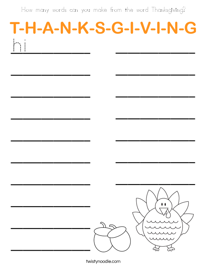 How many words can you make from the word Thanksgiving? Coloring Page
