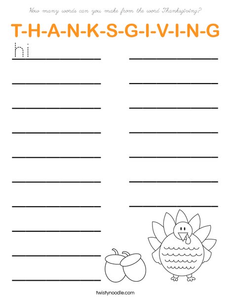 How many words can you make from the word thanksgiving? Coloring Page