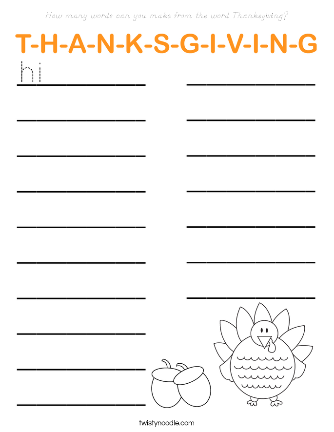 How many words can you make from the word Thanksgiving? Coloring Page