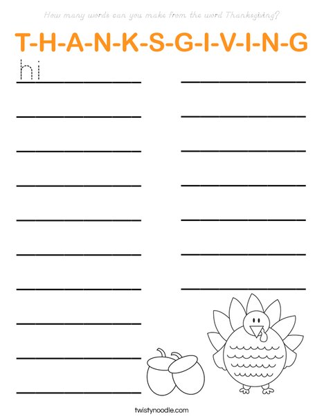 How many words can you make from the word thanksgiving? Coloring Page