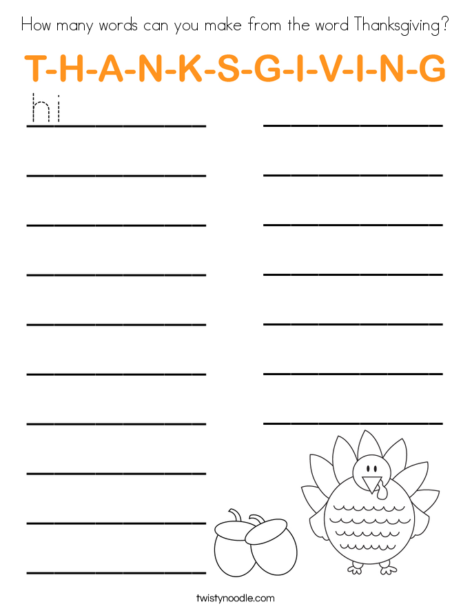 How many words can you make from the word Thanksgiving? Coloring Page
