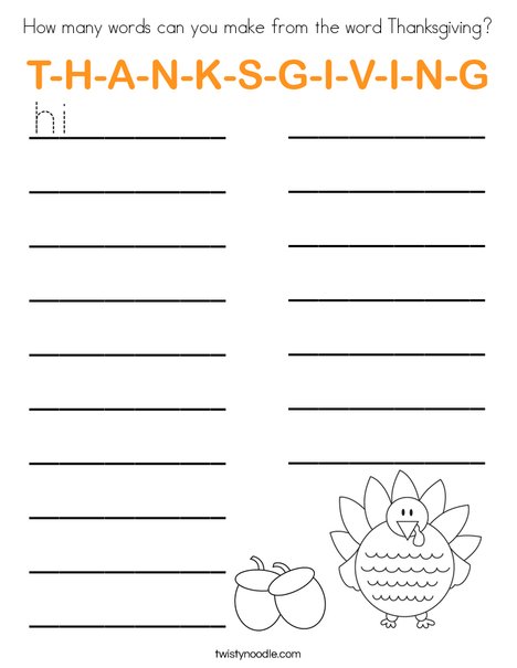 How many words can you make from the word thanksgiving? Coloring Page