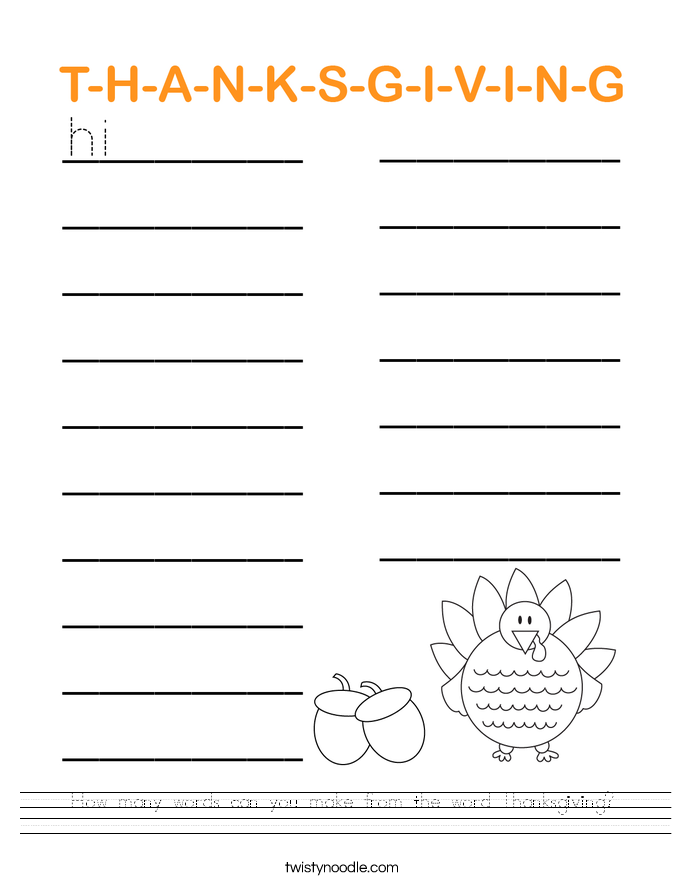 How many words can you make from the word Thanksgiving? Worksheet