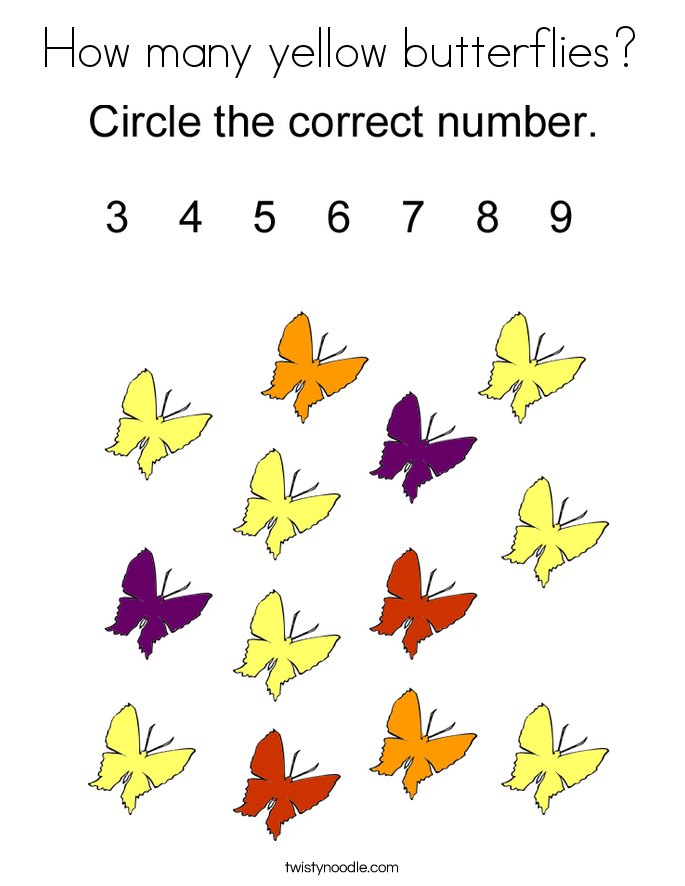 How many yellow butterflies? Coloring Page