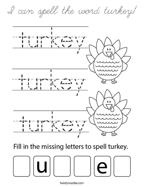 I can spell the word turkey! Coloring Page