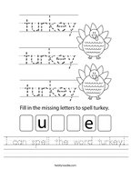I can spell the word turkey Handwriting Sheet