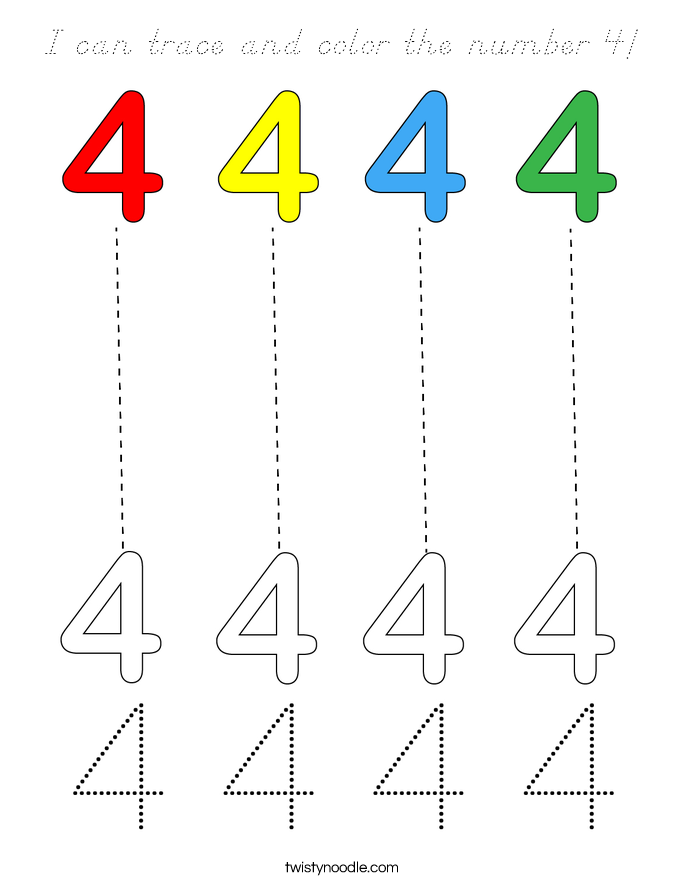 I can trace and color the number 4! Coloring Page