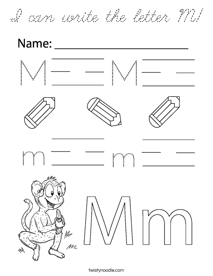 I can write the letter M Coloring Page - Cursive - Twisty Noodle