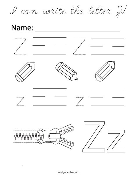 I can write the letter Z Coloring Page - Cursive - Twisty Noodle