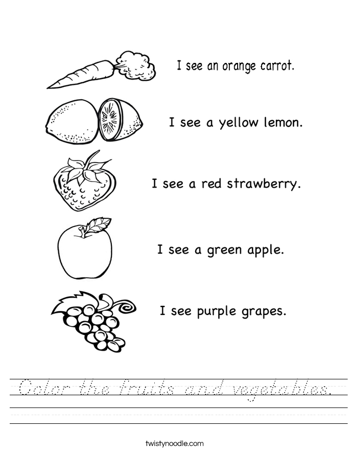 Color the fruits and vegetables. Worksheet