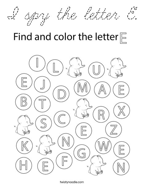 I spy the letter E. Coloring Page