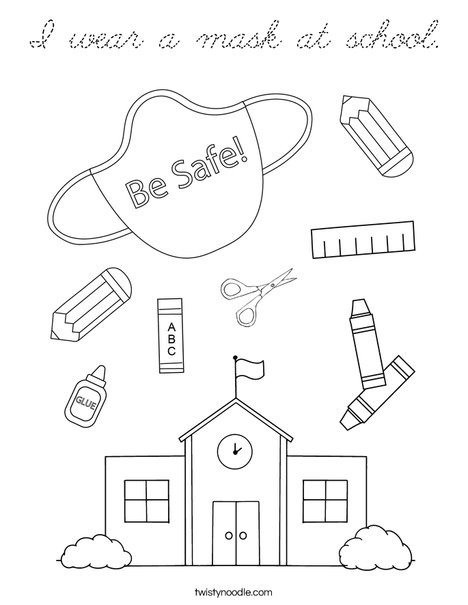 I wear a mask at school. Coloring Page