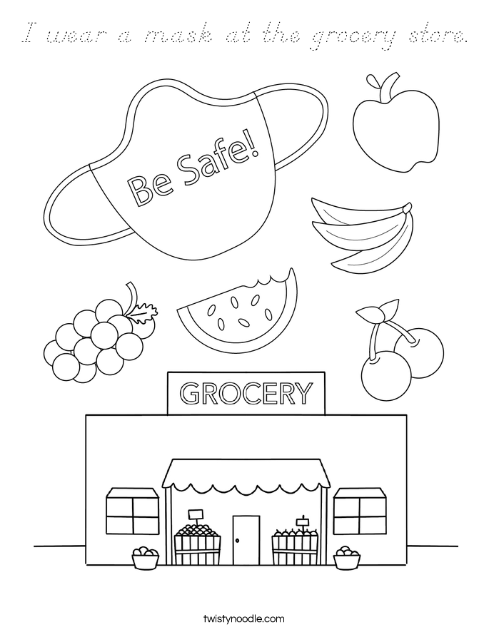 I wear a mask at the grocery store. Coloring Page