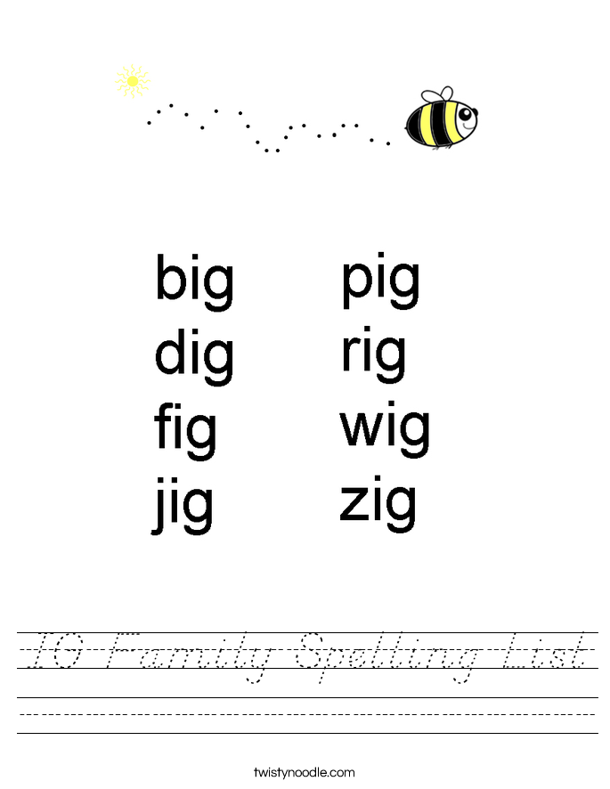 IG Family Spelling List Worksheet