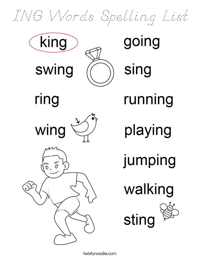 ING Words Spelling List Coloring Page