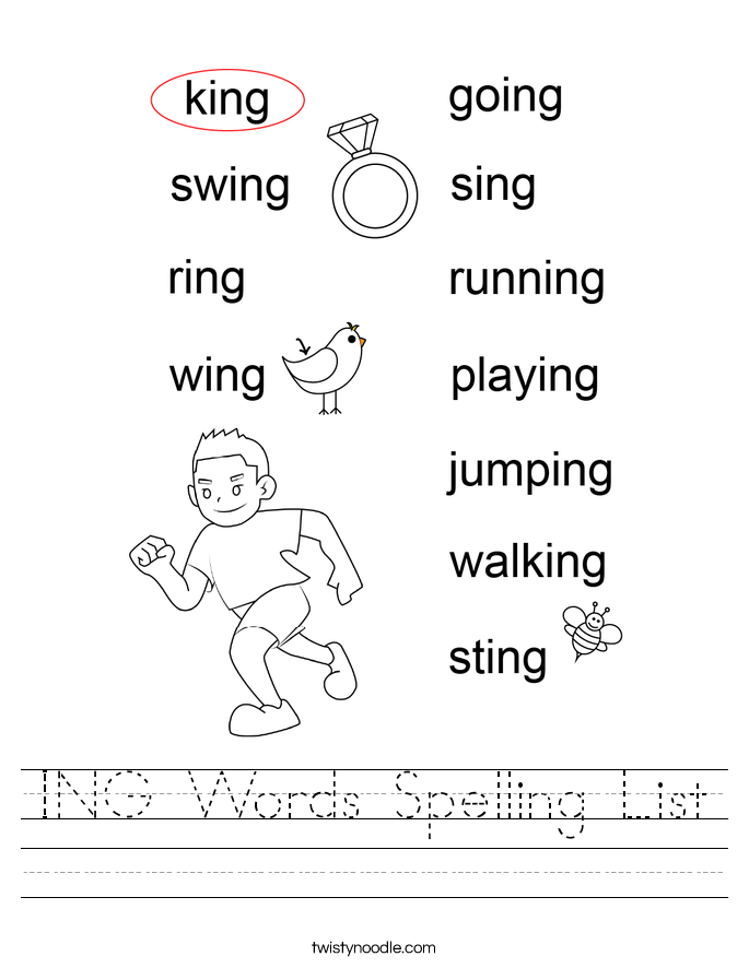 ING Words Spelling List Worksheet