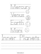 Inner Planets Handwriting Sheet