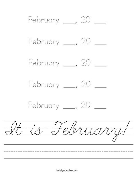 It is February Worksheet - Cursive - Twisty Noodle