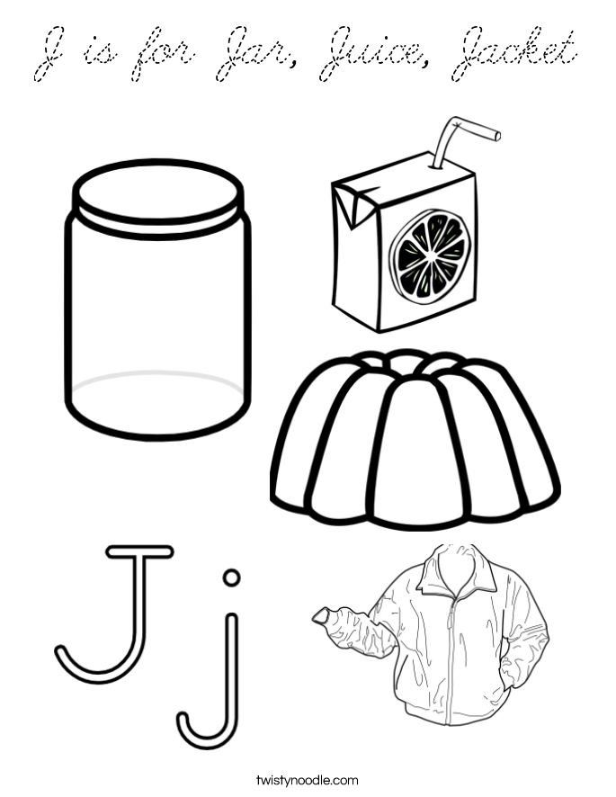 J is for Jar, Juice, Jacket Coloring Page - Cursive - Twisty Noodle