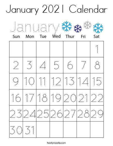 January 2021 Calendar Coloring Page - Twisty Noodle