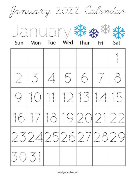 January 2021 Calendar Coloring Page