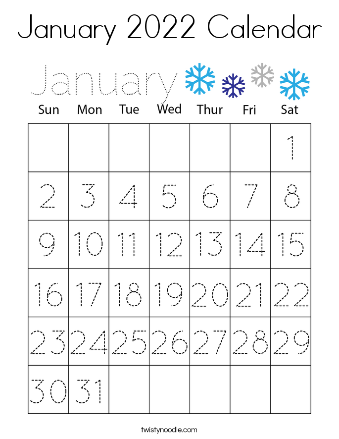 January 2022 Calendar Coloring Page