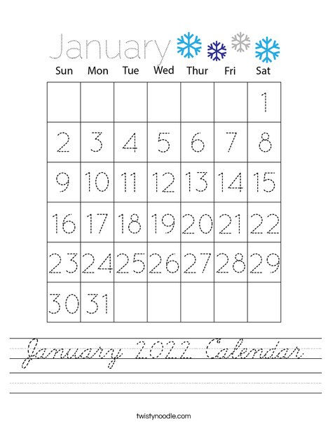 January 2021 Calendar Worksheet