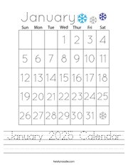 January 2025 Calendar Handwriting Sheet