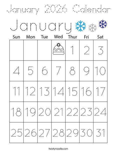 January 2026 Calendar Coloring Page