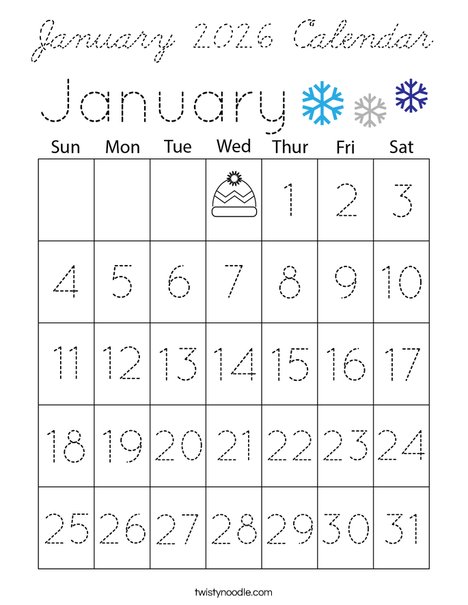 January 2026 Calendar Coloring Page