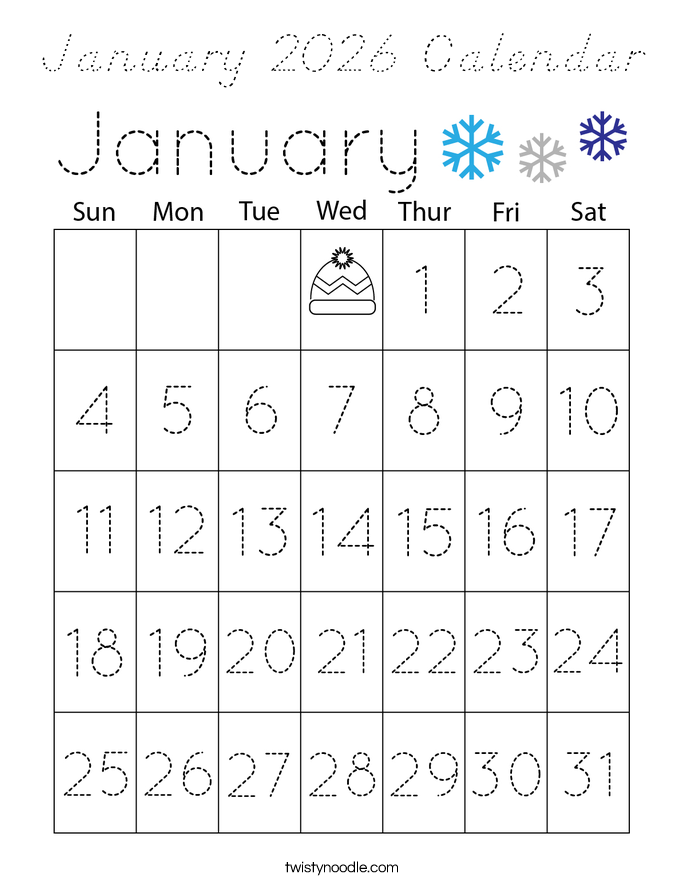 January 2026 Calendar Coloring Page