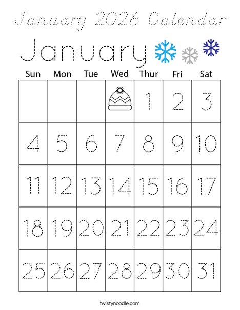 January 2026 Calendar Coloring Page