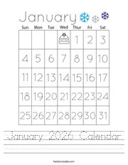 January 2026 Calendar Handwriting Sheet
