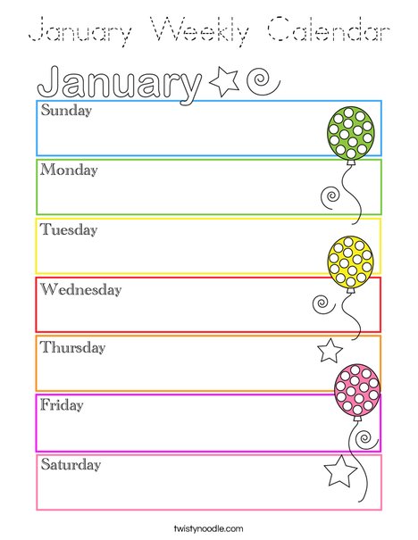 January Weekly Calendar Coloring Page