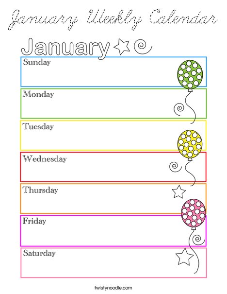 January Weekly Calendar Coloring Page