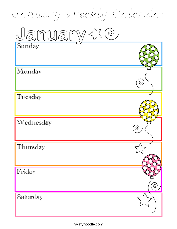 January Weekly Calendar Coloring Page