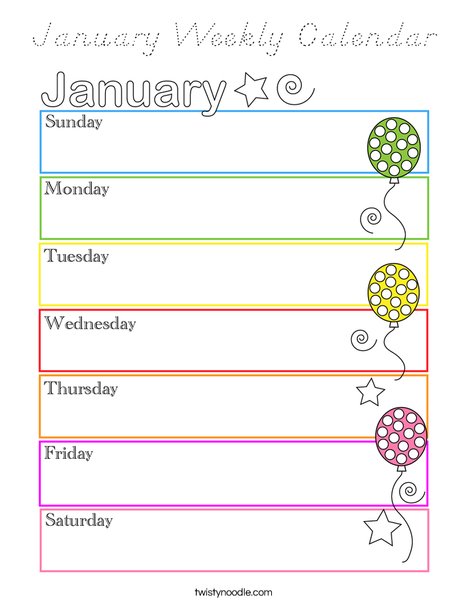 January Weekly Calendar Coloring Page