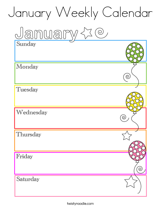 January Weekly Calendar Coloring Page