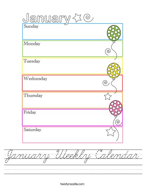 January Weekly Calendar Worksheet