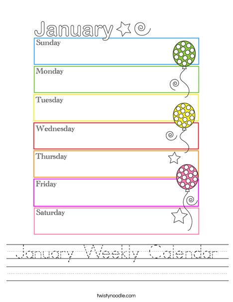 January Weekly Calendar Worksheet