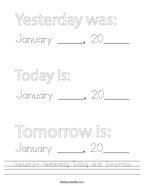 January- Yesterday, Today, and Tomorrow Handwriting Sheet