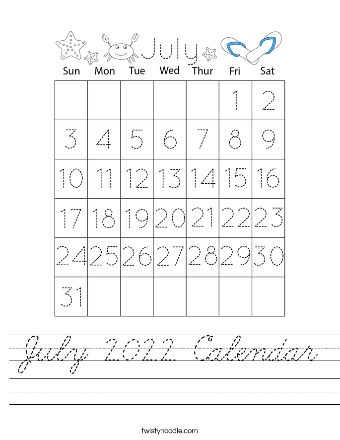 July 2022 Calendar Worksheet