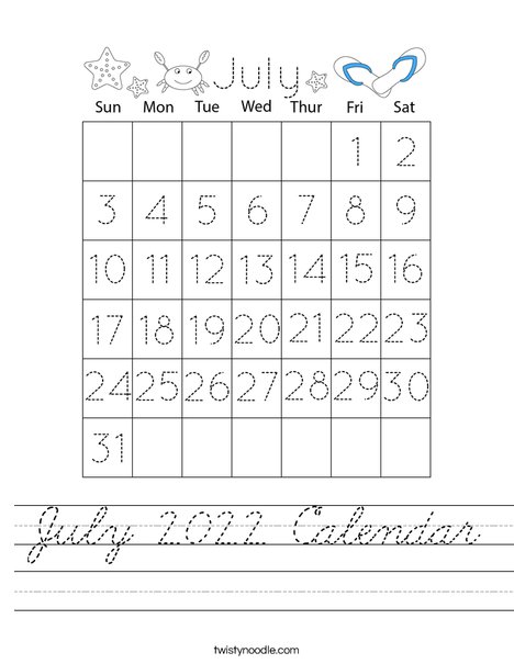 July 2020 Calendar Worksheet