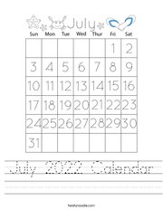 July 2022 Calendar Handwriting Sheet