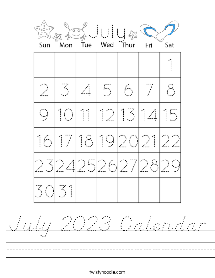 July 2023 Calendar Worksheet