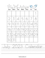 July 2023 Calendar Handwriting Sheet