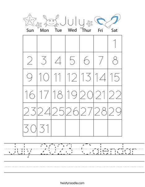 July 2023 Calendar Worksheet